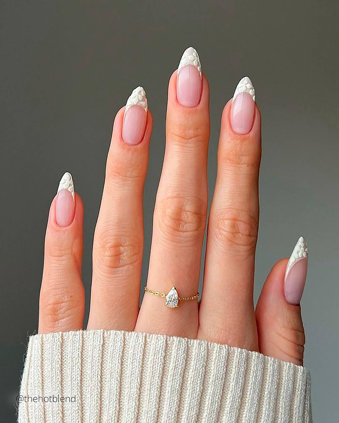 Textured White Tip Sheer Pink Almonds Textured White Tip Sheer Pink Almonds — Winter Vacation Nails 2027