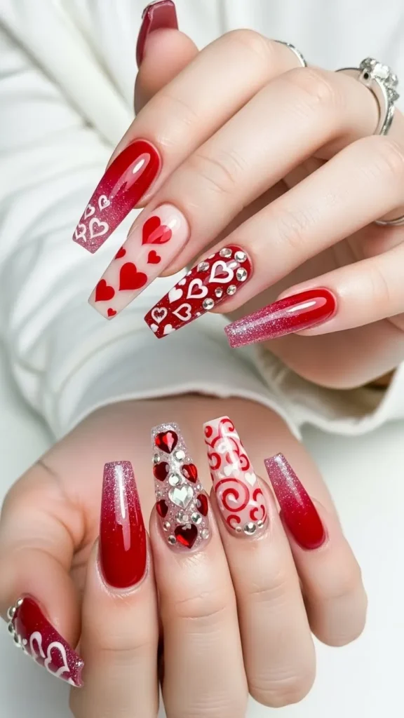 Mixed Heart Glitter Gradient Coffin Nails Mixed Heart Glitter Gradient Coffin Nails — Valentines Coffin Nails 2027