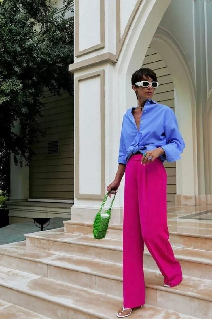 Vibrant Hot Pink Wide-Leg Pants Paired with Oversized Shirt — Outfit Trends 2027