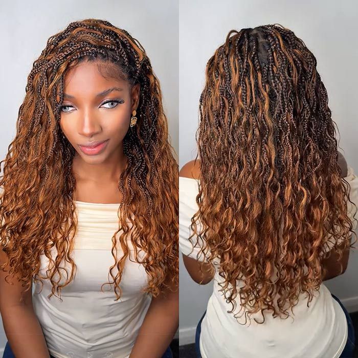 Ginger Brown Ombre Braids With Curly Ends Ginger Brown Ombre Braids With Curly Ends — Boho Knotless Braids 2027