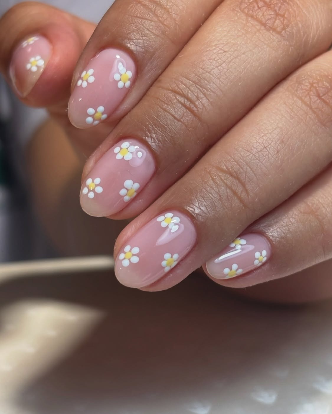 Sheer Nude Short Oval Daisies Sheer Nude Short Oval Daisies — Daisy Flower Nails 2027