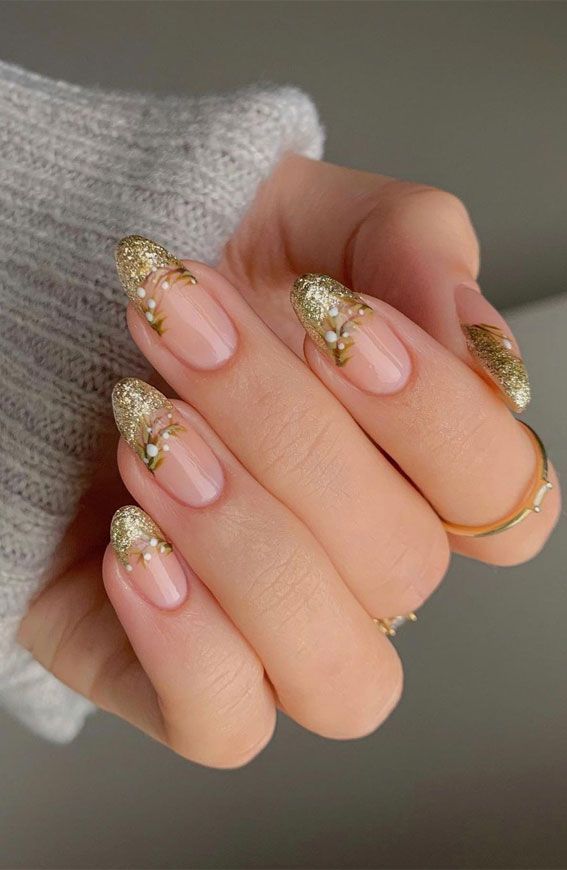 Nude Floral Gold Glitter French Nude Floral Gold Glitter French — Sparkly Holiday Nails 2026