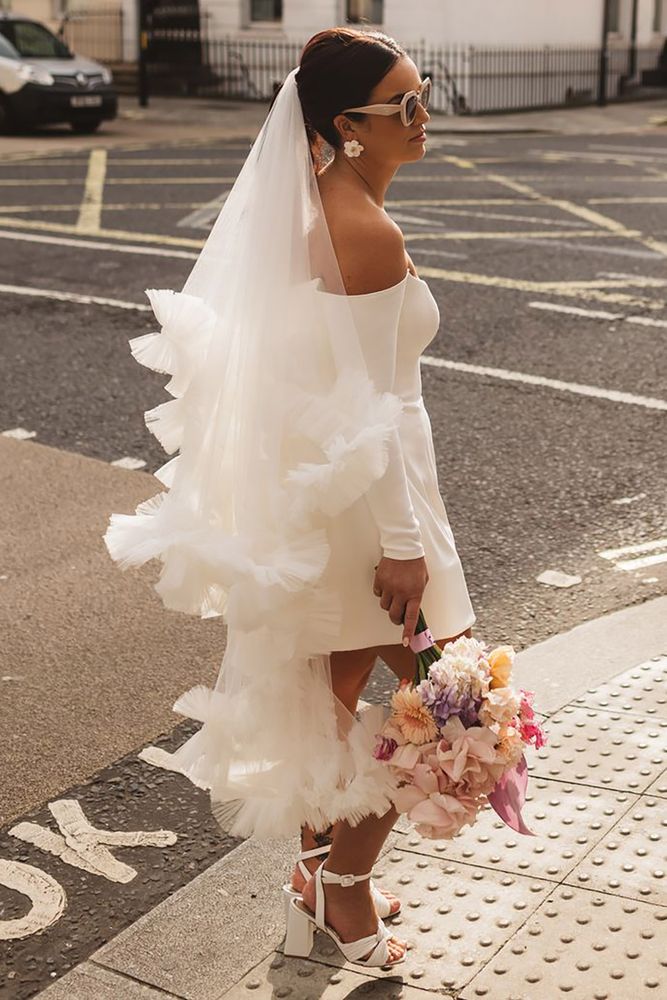 Modern Bride: Mini Dress with Voluminous Tulle Veil Modern Bride: Mini Dress with Voluminous Tulle Veil — Bride Bachelorette Outfits 2027