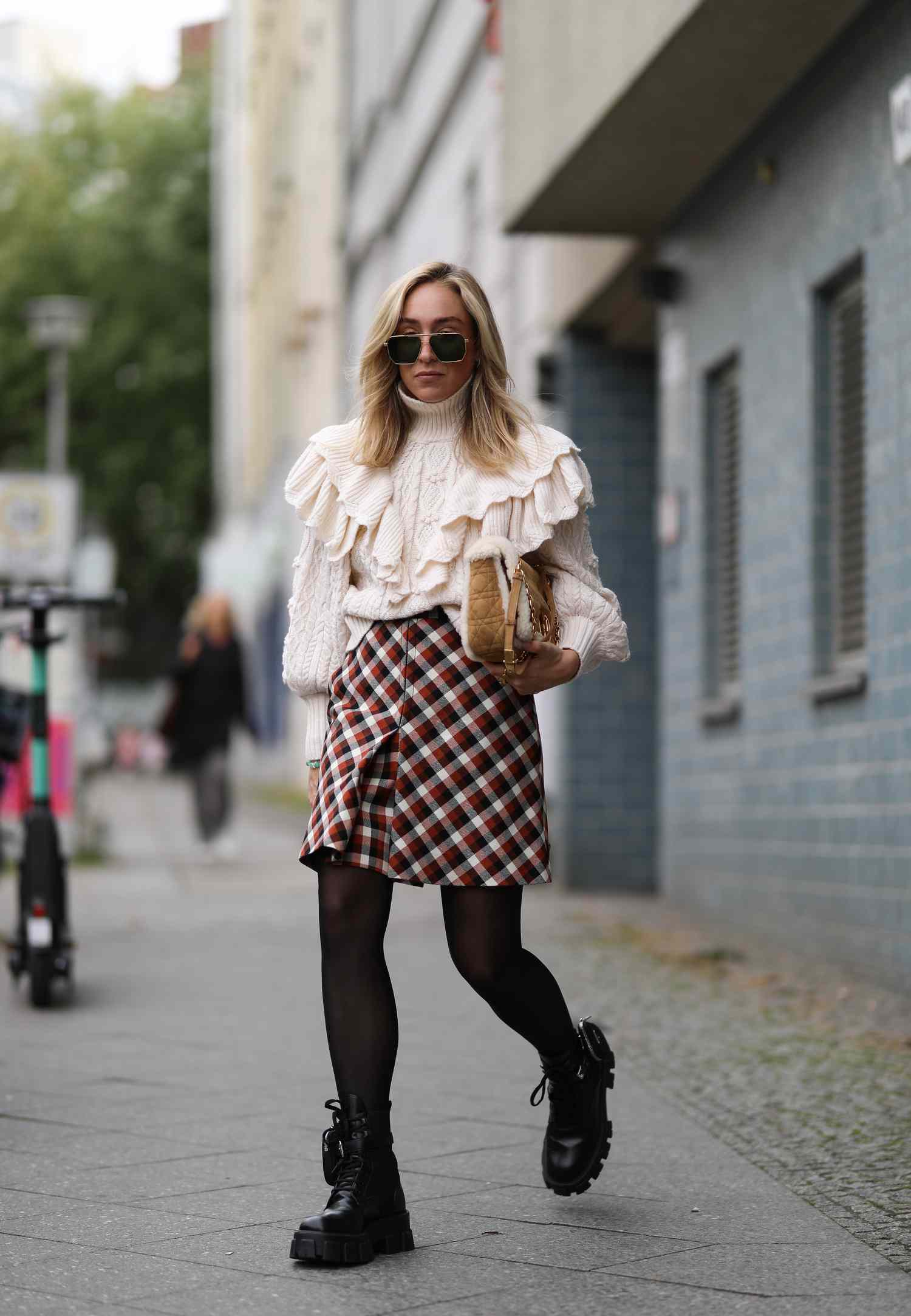 Oversized Ruffled Sweater with Plaid Mini Skirt — Sweater and Skirt Outfits 2027