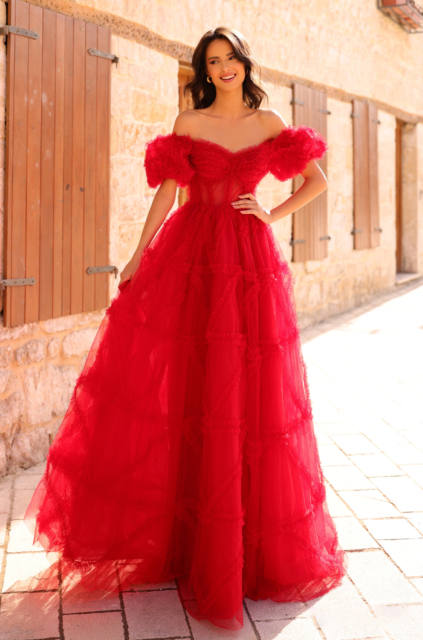 Vibrant Red Tulle Gown with Voluminous Ruffles Vibrant Red Tulle Gown with Voluminous Ruffles — Ruffle Dresses 2027