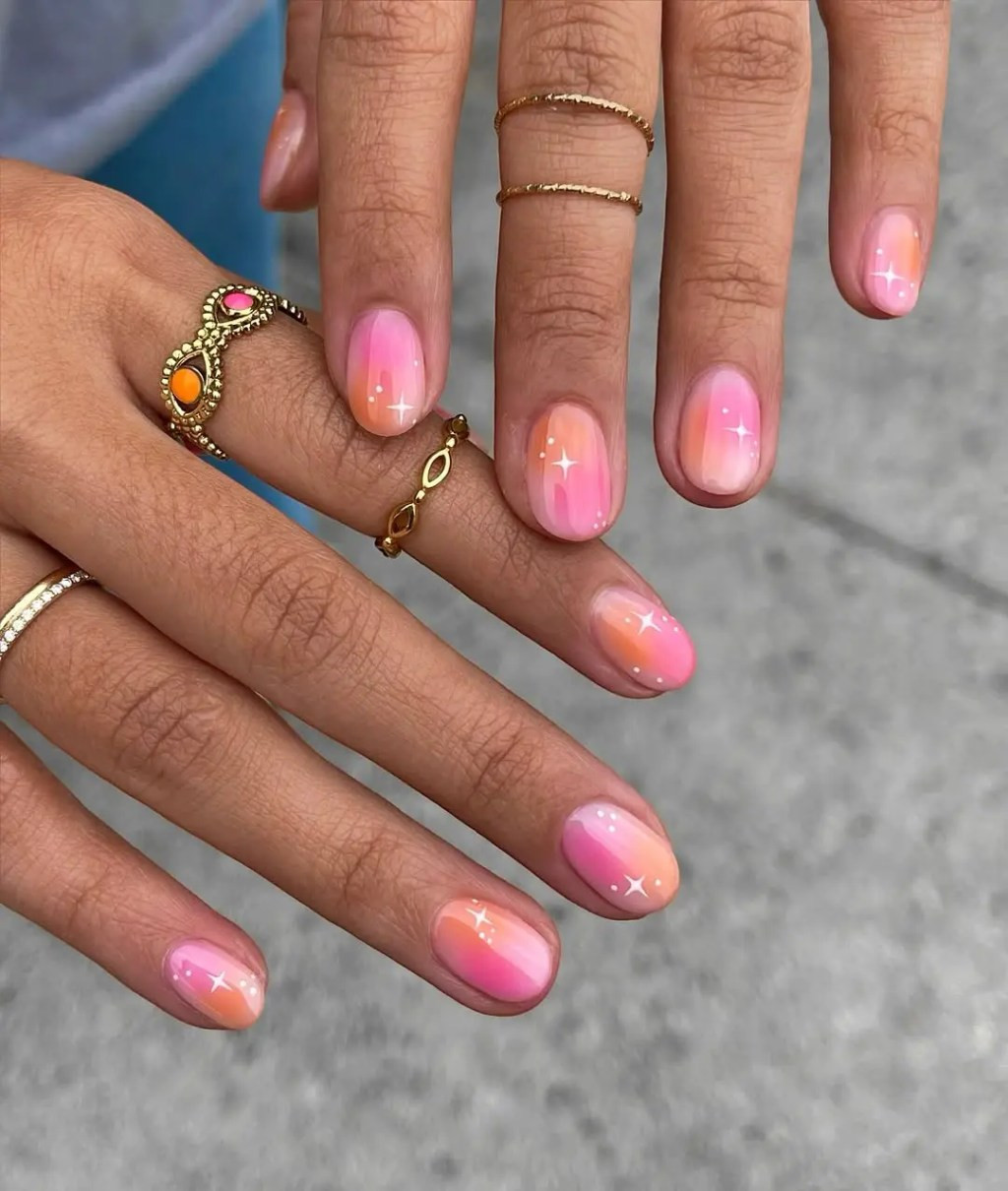 Glossy With Fine Glitter Visual Idea Glossy With Fine Glitter Visual Idea — Pink and Orange Sunset Nails 2027