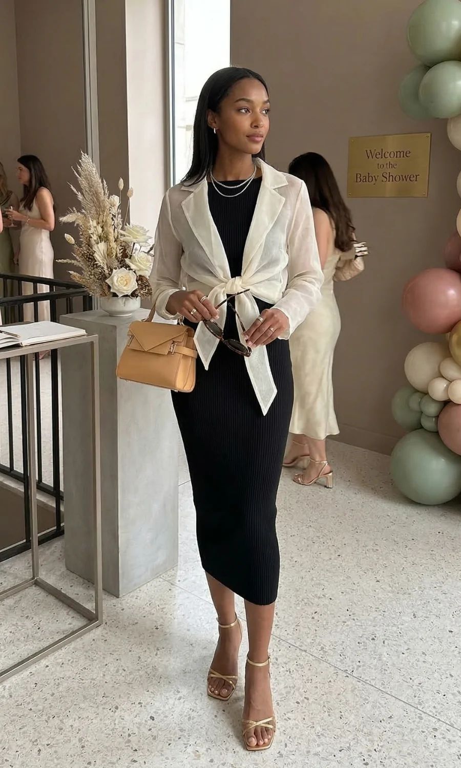 Black Ribbed Midi Dress with Sheer Blouse Layer Black Ribbed Midi Dress with Sheer Blouse Layer — Baby Shower Dress 2027 for Guest
