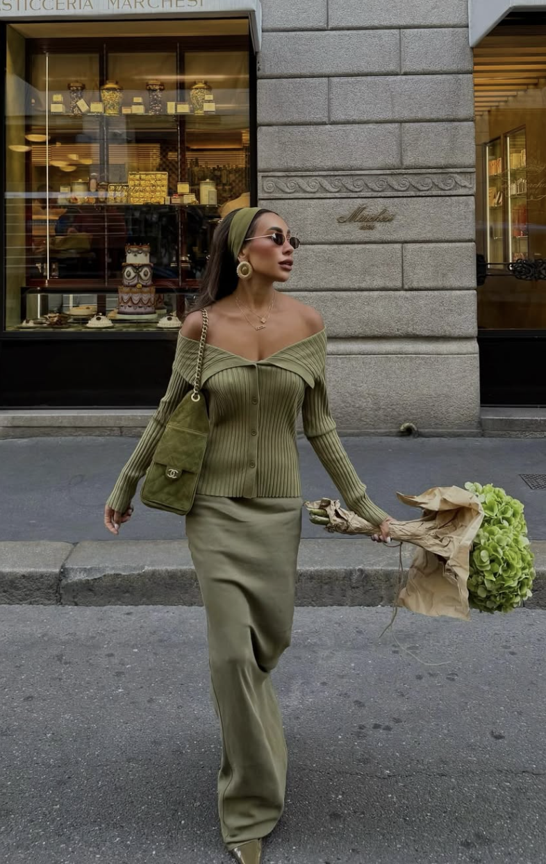 Monochromatic Olive Green Knit Top and Skirt Monochromatic Olive Green Knit Top and Skirt — Fall Cardigan Outfits 2026