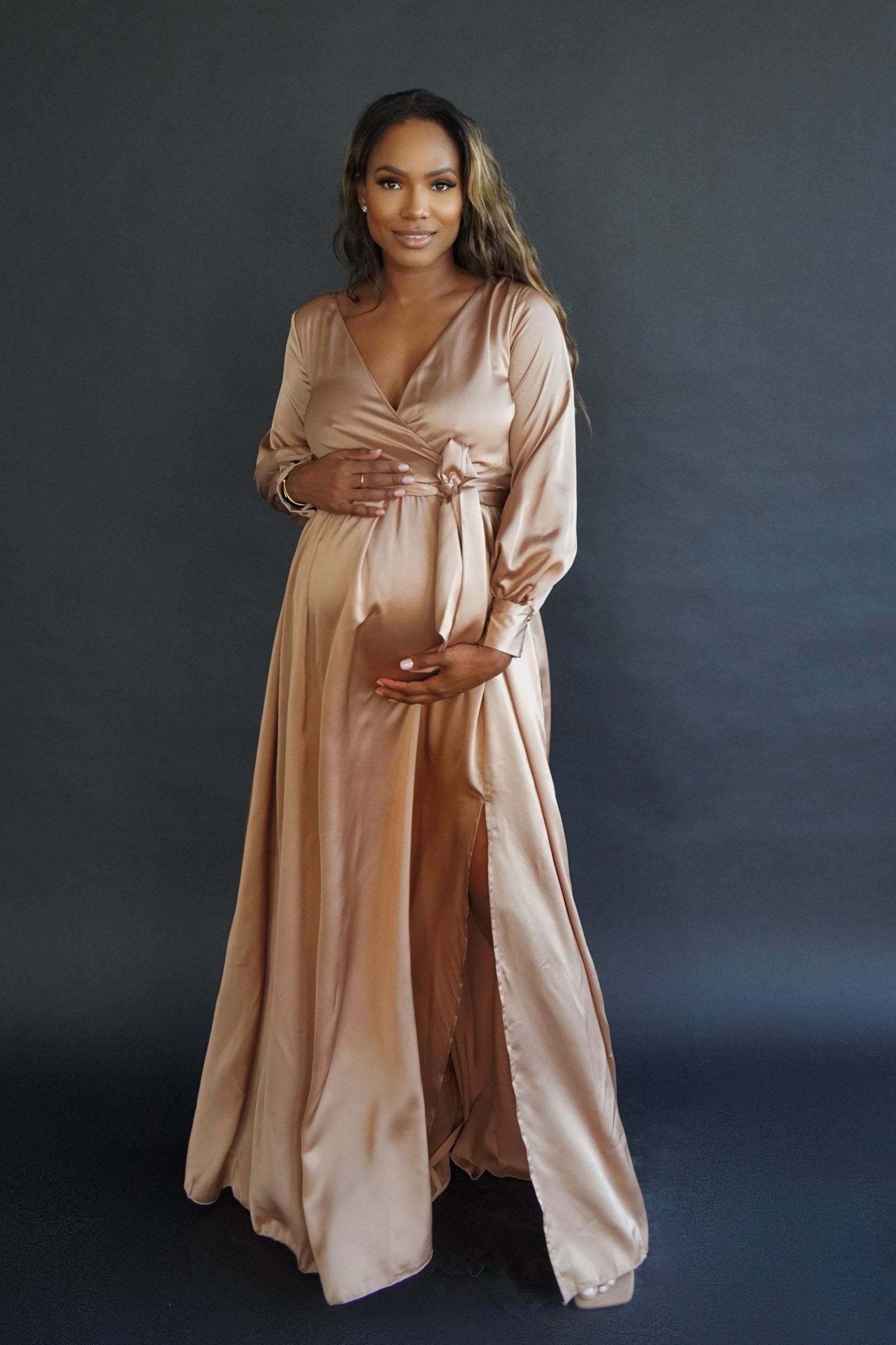 Luxurious Champagne Satin Maternity Wrap Gown for Formal Events Luxurious Champagne Satin Maternity Wrap Gown for Formal Events — Maternity Dresses 2027
