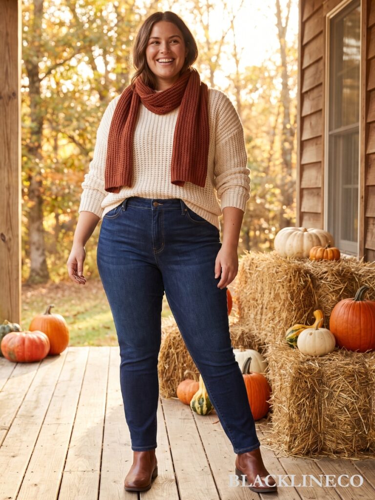 Cream Knit Sweater with Rust Scarf and Denim — Plus Size Thanksgiving Outfits 2026