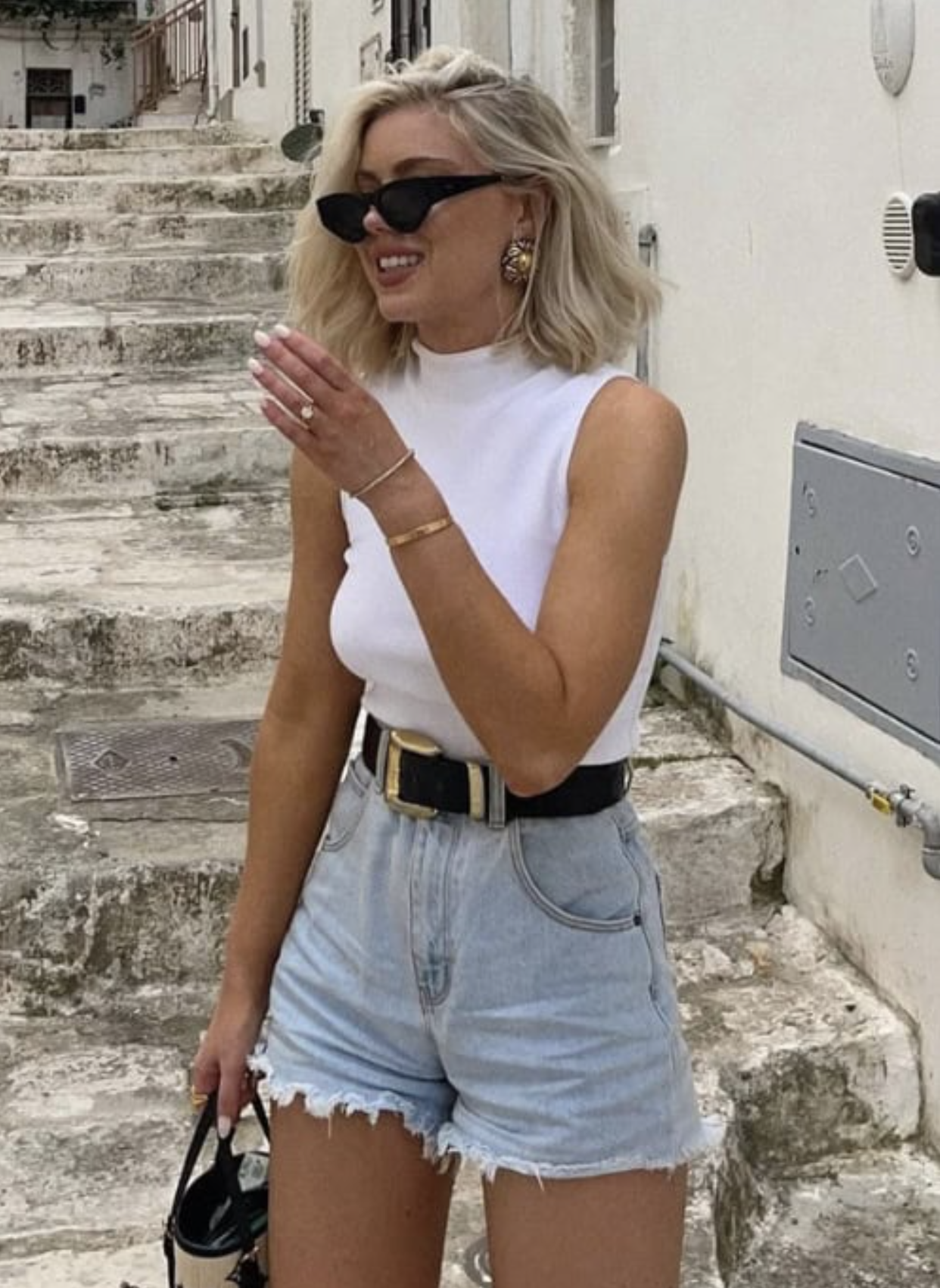 Light Wash Denim Shorts with a White Mock-Neck Top Light Wash Denim Shorts with a White Mock-Neck Top — Summer Everyday Outfits 2027