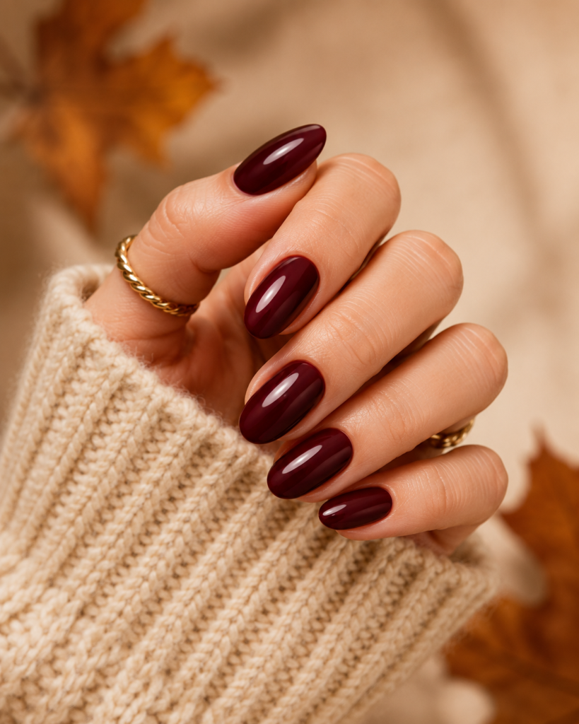 Medium Oval Burgundy Glossy Nails Medium Oval Burgundy Glossy Nails — Short Fall Nails 2026
