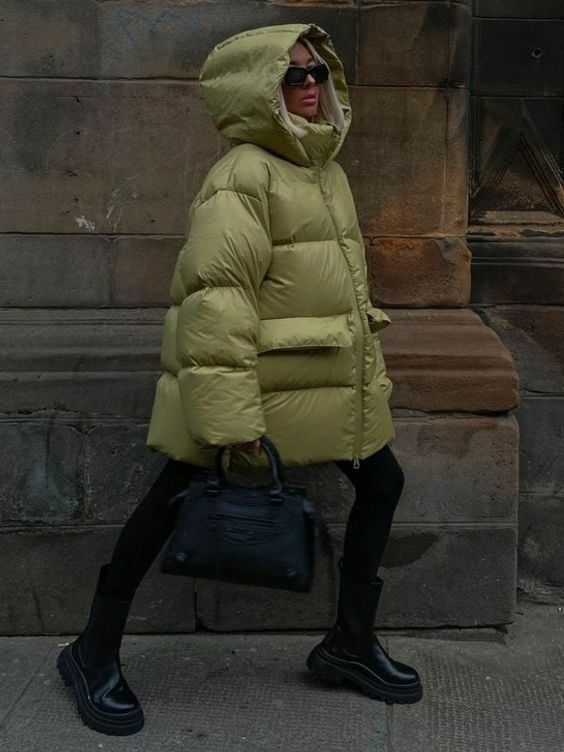 Edgy Lime Green Puffer Jacket with Platform Boots — Puffer Bag Outfits 2027