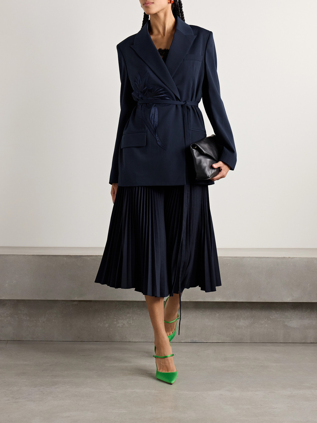 Pleated Midi Skirt with Belted Blazer, Lace Camisole, and Green Heels Pleated Midi Skirt with Belted Blazer, Lace Camisole, and Green Heels — Navy Blue Midi Skirt Outfits 2027