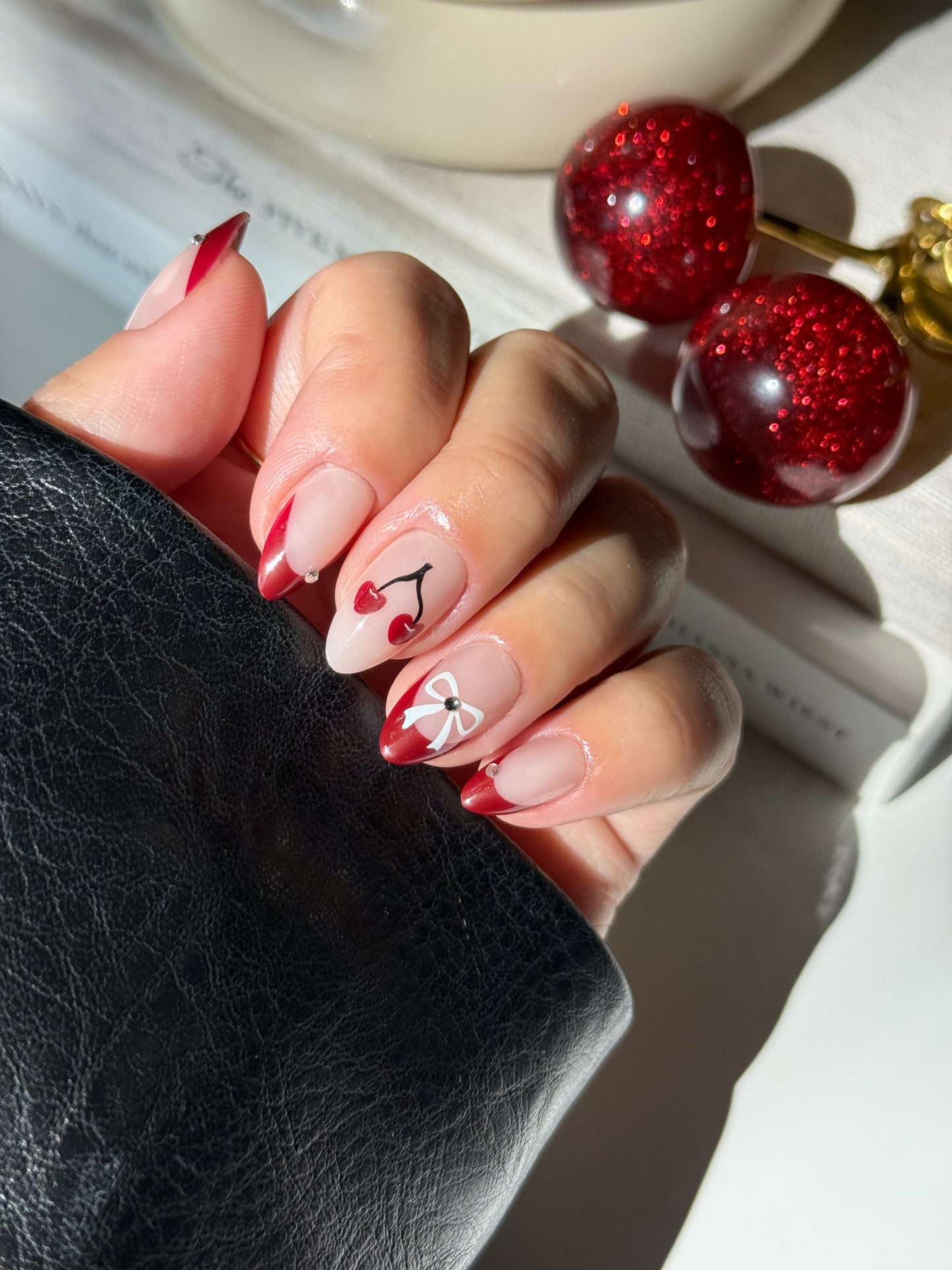 Cherry Bow Accent Short Almonds Cherry Bow Accent Short Almonds — Cherry Red Nails 2027