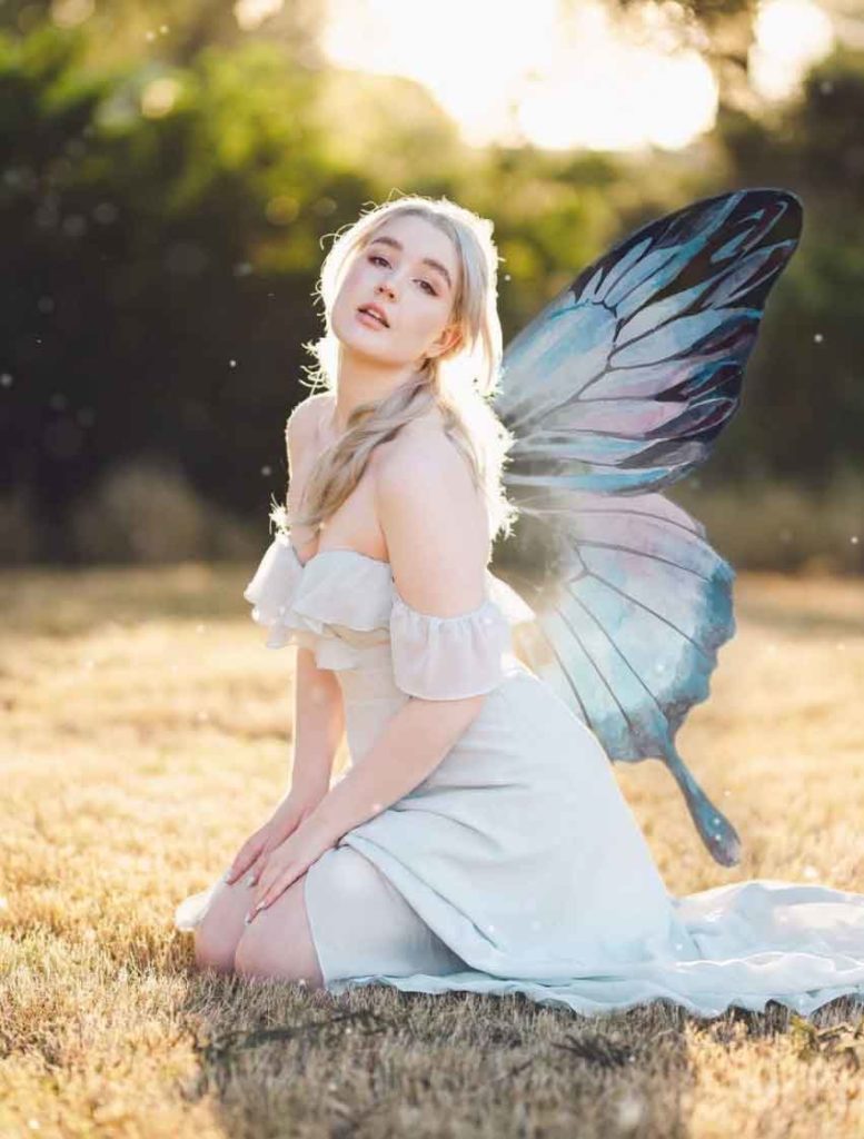 Pale Blue Off-the-Shoulder Dress with Butterfly Wings — Fairycore Outfits 2027