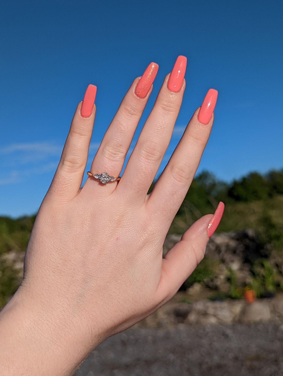 Glossy Vibrant Coral with Blue Sky — Coral Coffin Nails 2027