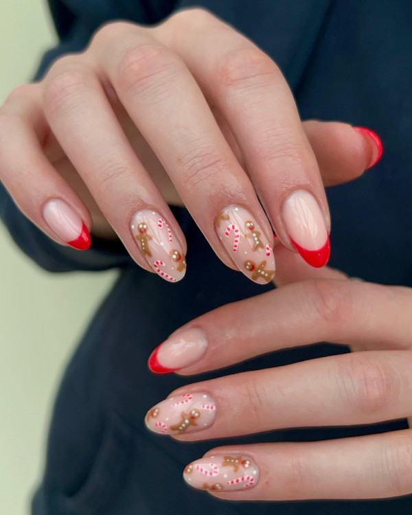 Gingerbread and Candy Cane French Ovals Gingerbread and Candy Cane French Ovals — Christmas Nail Art 2026