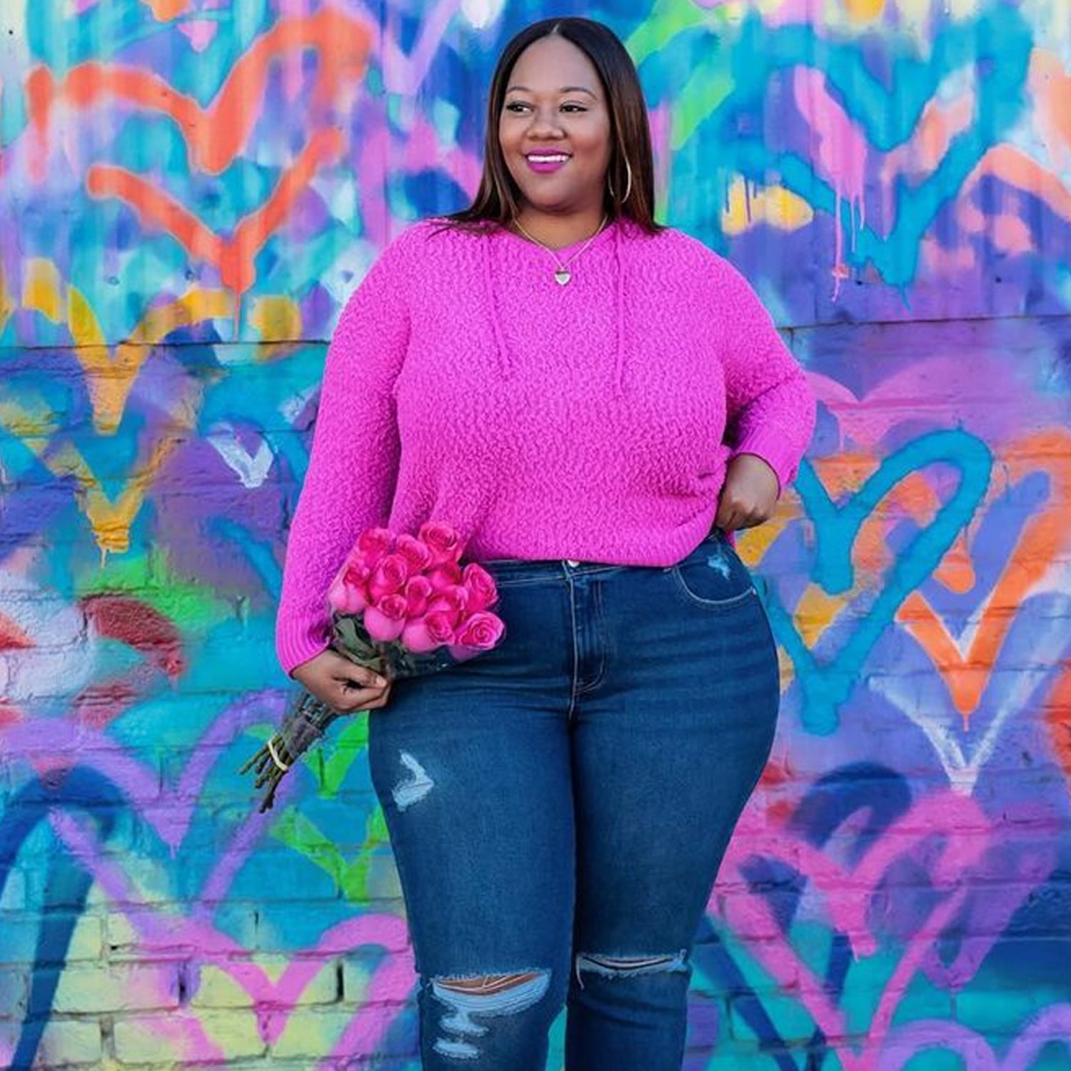 Hot Pink Hoodie with Distressed Denim — Curvy Outfits 2027