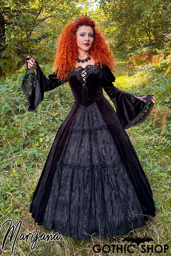 Goth Event Costume Party Velvet and Lace Dress with Bell Sleeves and Tiered Skirt Goth Event Costume Party Velvet and Lace Dress with Bell Sleeves and Tiered Skirt — Goth Lace Outfits 2027