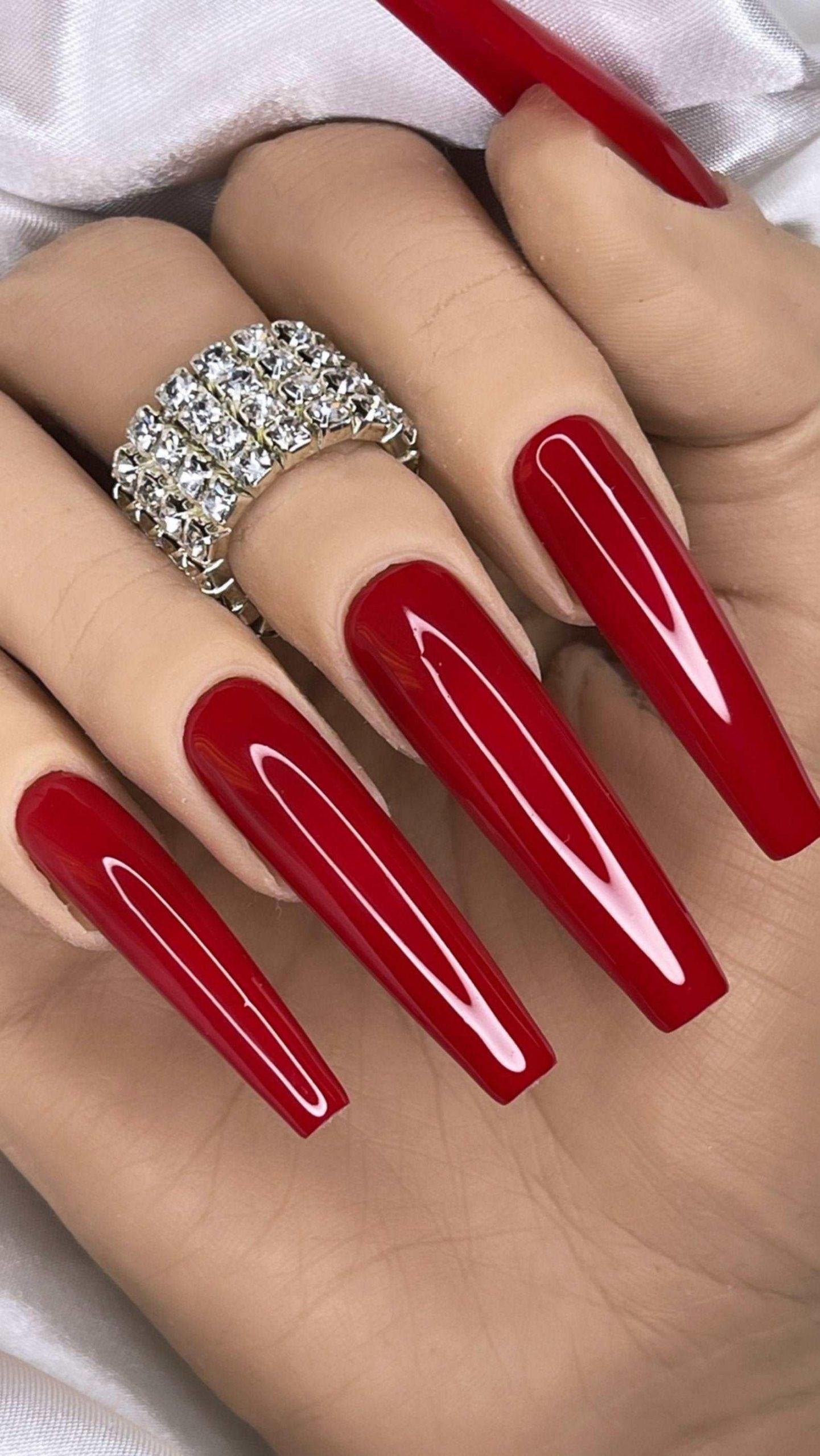 Vibrant Red Glossy Coffin Nails with Ring — Long Coffin Nails 2027