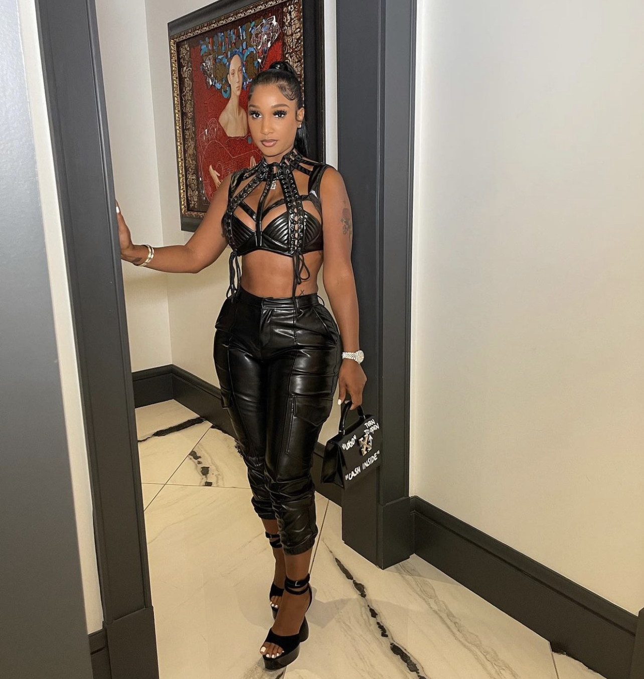 Leather-Look Black Cargo Pants with Harness Top Leather-Look Black Cargo Pants with Harness Top — Cargo Pants Outfits 2027