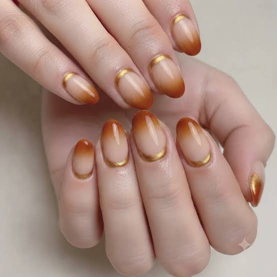 Nude to Brown Ombre with Gold Line — Simple Thanksgiving Nails 2026