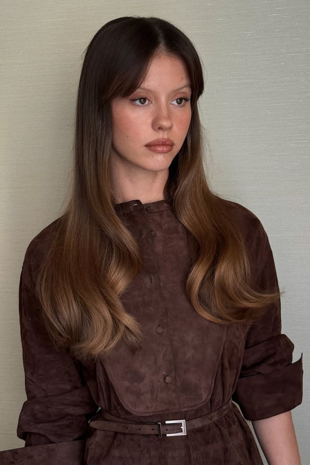 Medium Brown with Caramel Balayage and Curtain Bangs Medium Brown with Caramel Balayage and Curtain Bangs — Caramel Brown Hair 2027