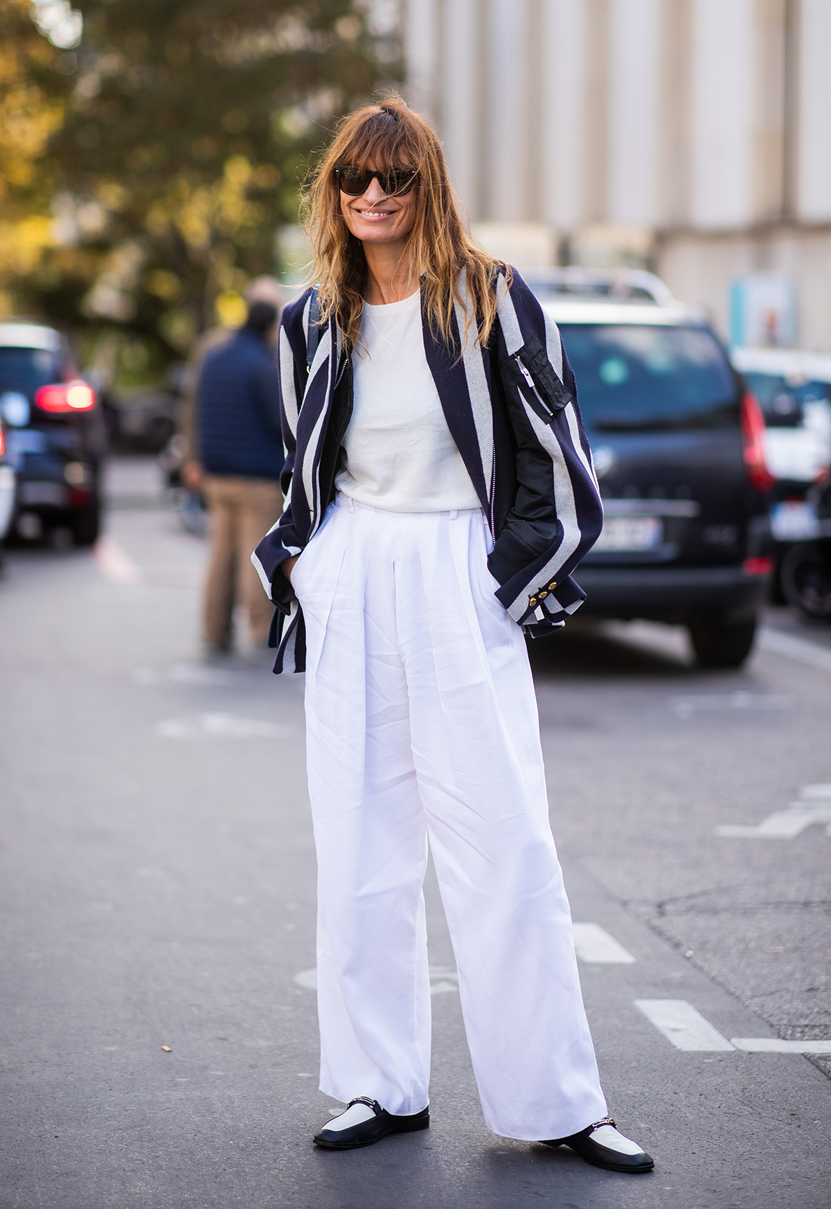 Elevated Casual: Striped Blazer with White Trousers Elevated Casual: Striped Blazer with White Trousers — Mom Outfits 2027