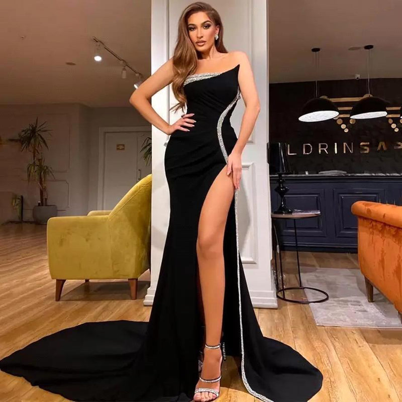 Black Strapless Mermaid Gown with Sequin Embellishments and Train Black Strapless Mermaid Gown with Sequin Embellishments and Train — Black Prom Dresses 2027