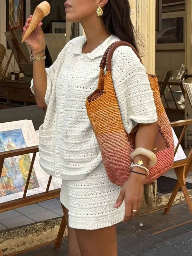 Ivory Knitted Cardigan and Shorts Set for Chic Summer Lounging Ivory Knitted Cardigan and Shorts Set for Chic Summer Lounging — Summer Two Piece Set Outfits 2027