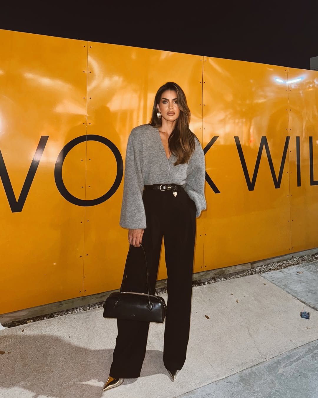 Grey Bell-Sleeve Cardigan with Black Wide-Leg Trousers — Minimalist Outfits 2027