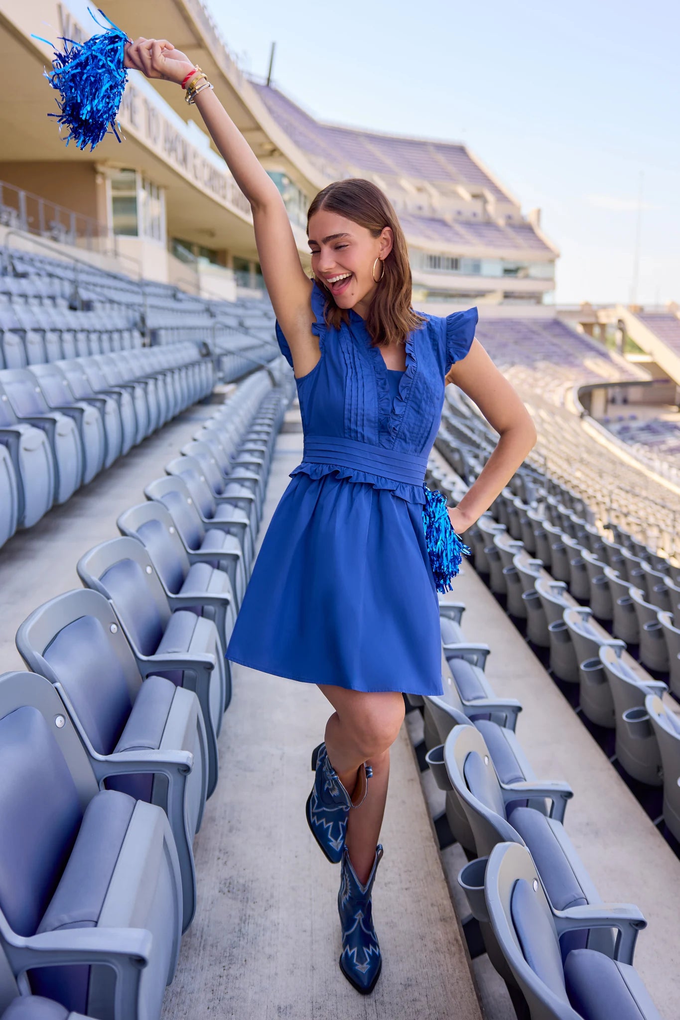 Playful Spirit: Royal Blue Dress with Cowboy Boots — College Game Day Outfits 2026