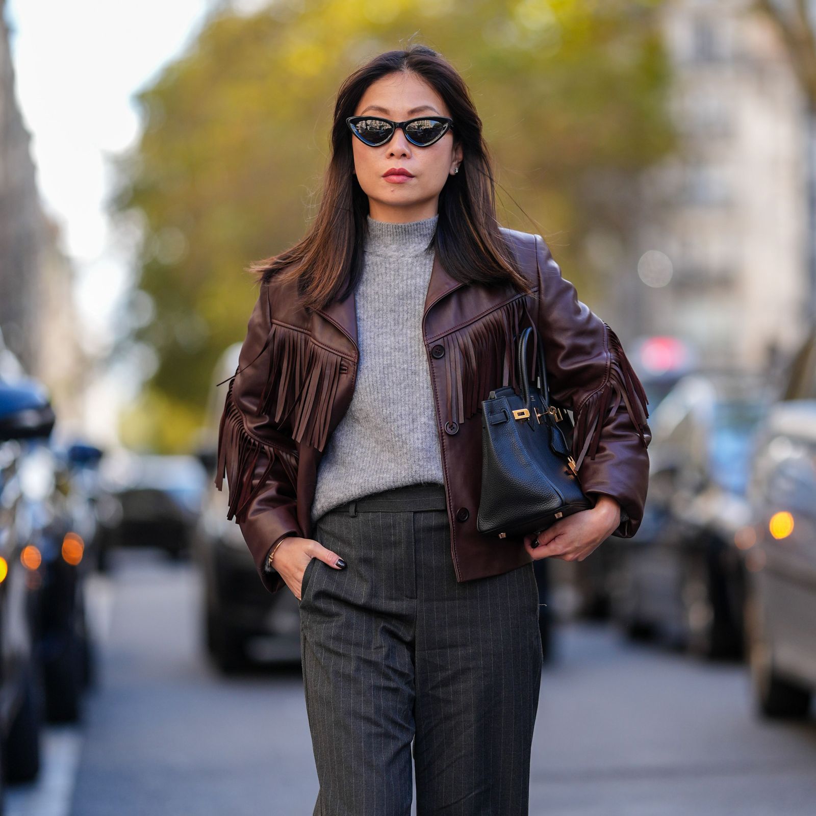 City Sophistication: Brown Leather Fringe Jacket with Pinstripes City Sophistication: Brown Leather Fringe Jacket with Pinstripes — Fringe Jacket Outfits 2027