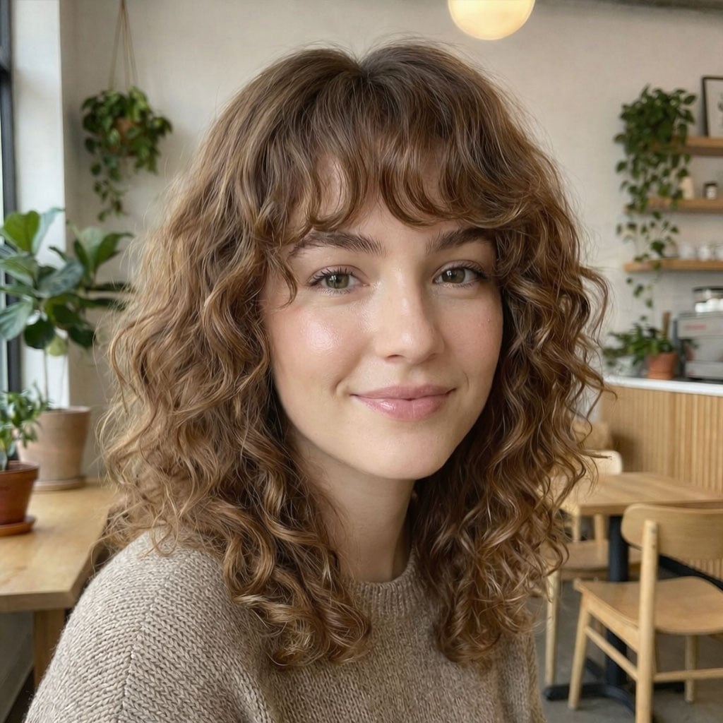 Air-Dried Curly Bangs on Layered Shag Air-Dried Curly Bangs on Layered Shag — Bangs Trends 2027