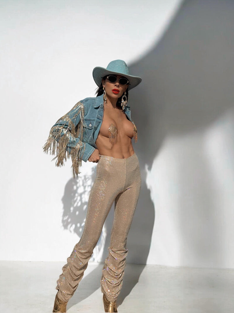 Festival Ready: Holographic Pants with Embellished Denim Jacket and Bra Top — Holographic Outfits 2027