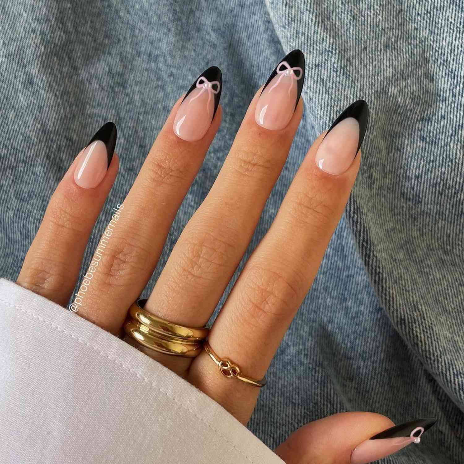 Black French Tip with Pink Bows Almond Black French Tip with Pink Bows Almond — Fall French Tip Nails 2026