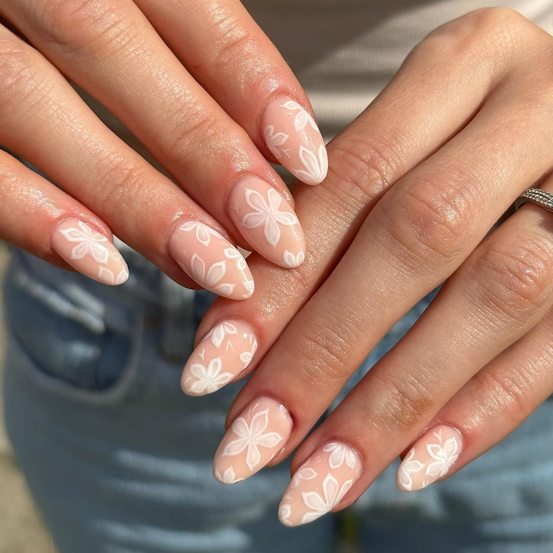 Sheer Nude with White Floral Pattern Sheer Nude with White Floral Pattern — Classy Wedding Nails 2027