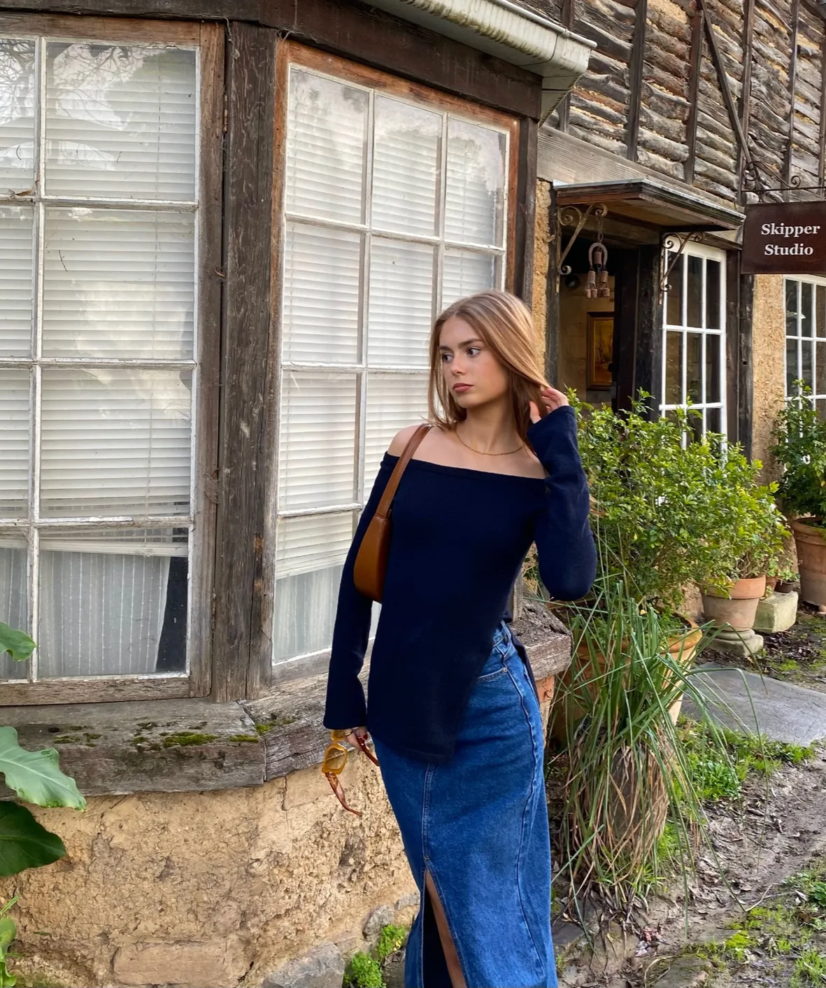 Navy Off-Shoulder Knit Top with Denim Maxi Skirt — Off the Shoulder Top Outfits 2027