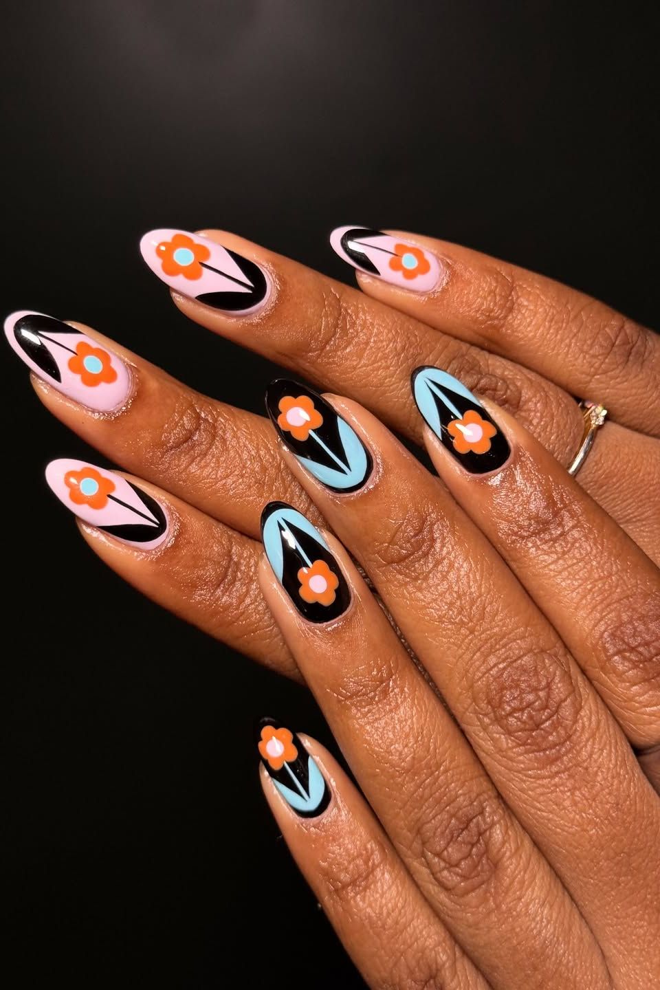 Graphic Black And Pink With Orange Flowers Graphic Black And Pink With Orange Flowers — Flower Nails 2027