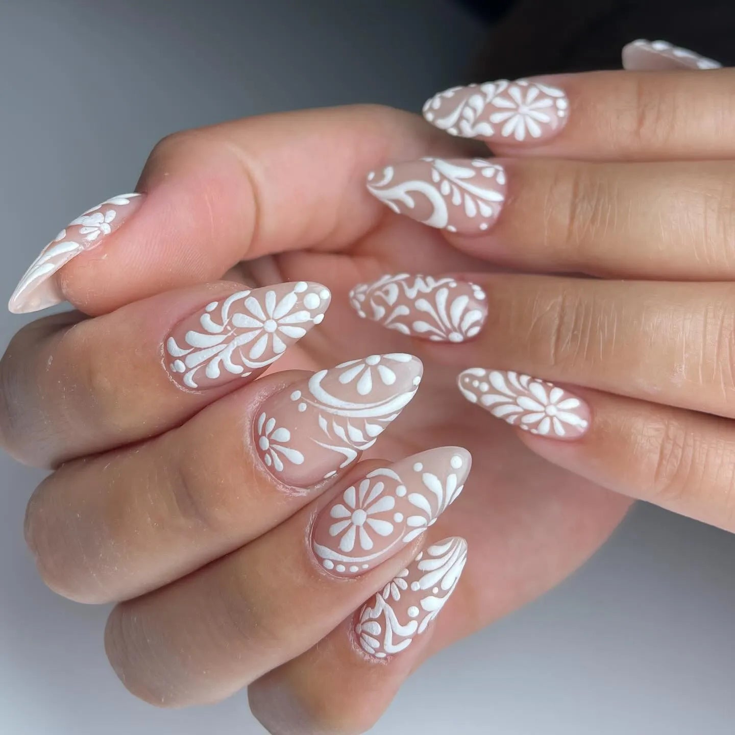 Medium Stiletto White Lace Nails — White Wedding Nails 2027