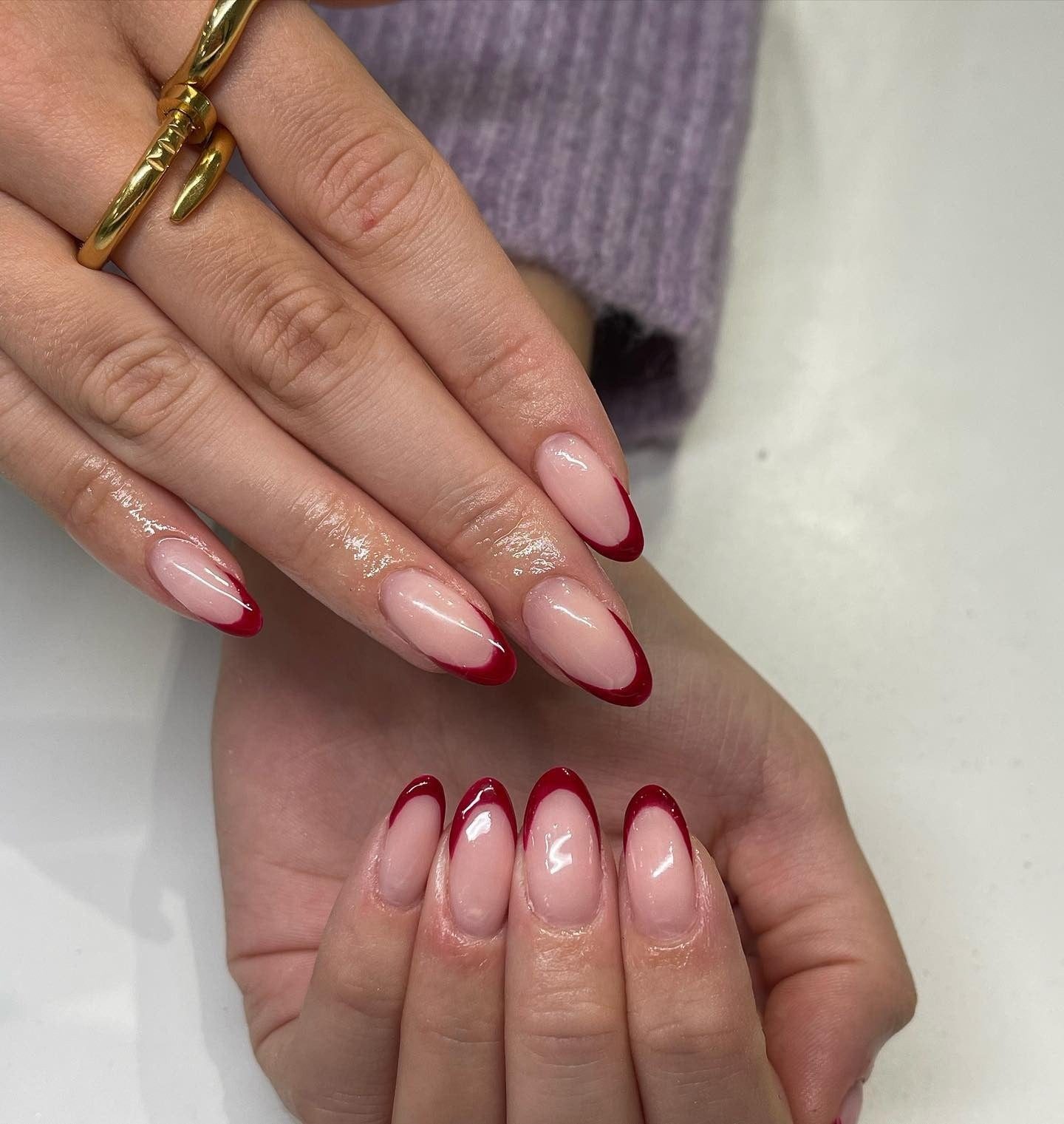 Metallic Gold Line Red French Ovals — Red French Tip Nails 2027