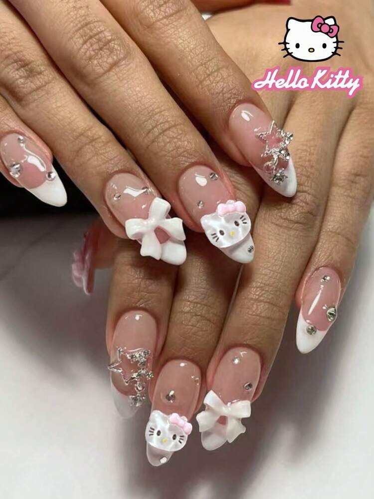 Medium Oval French with Charming 3D Kitty Medium Oval French with Charming 3D Kitty — French Hello Kitty Nails 2027