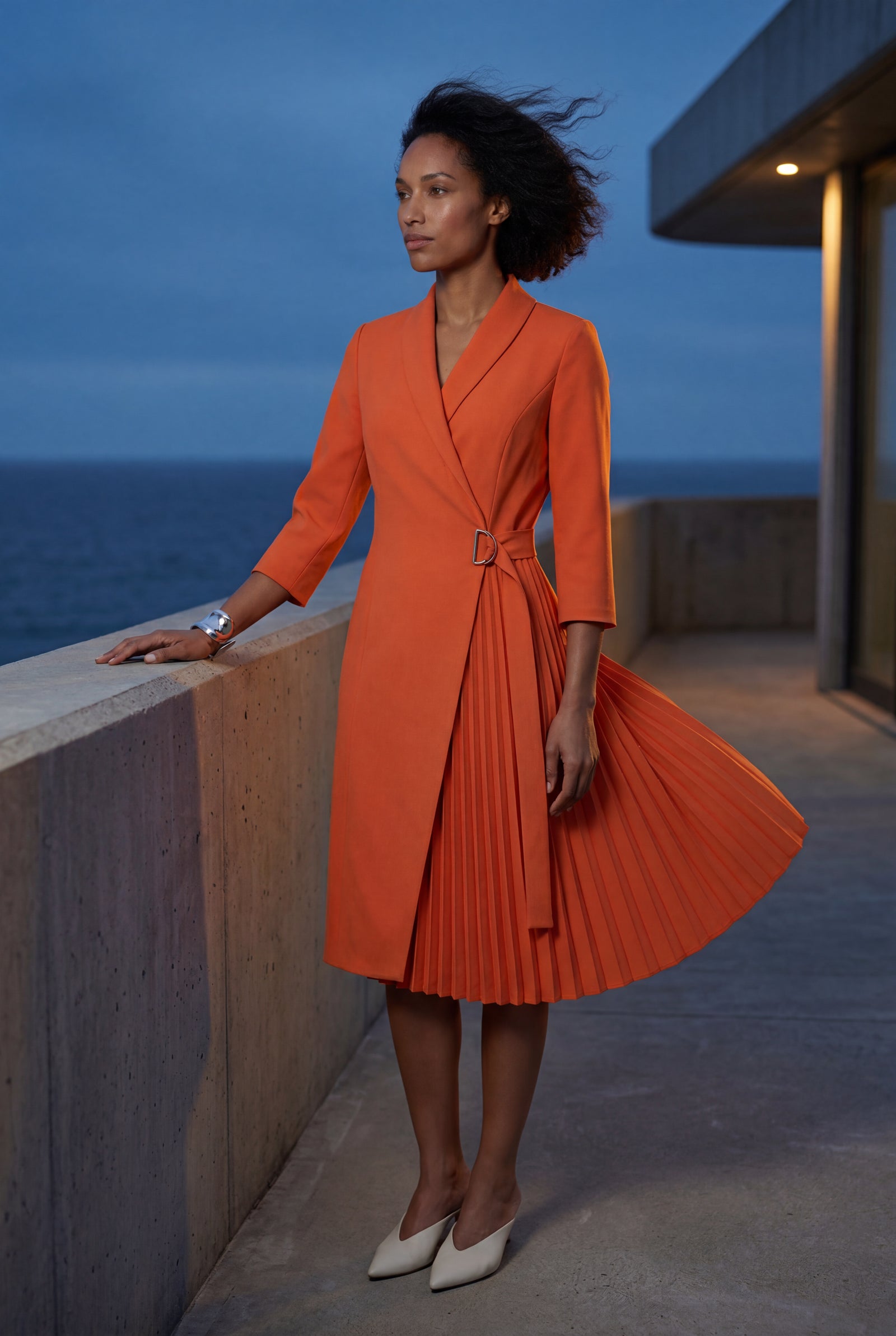 Vibrant Orange Wrap Dress with Pleated Skirt for Business Casual — Wrap Dresses 2027
