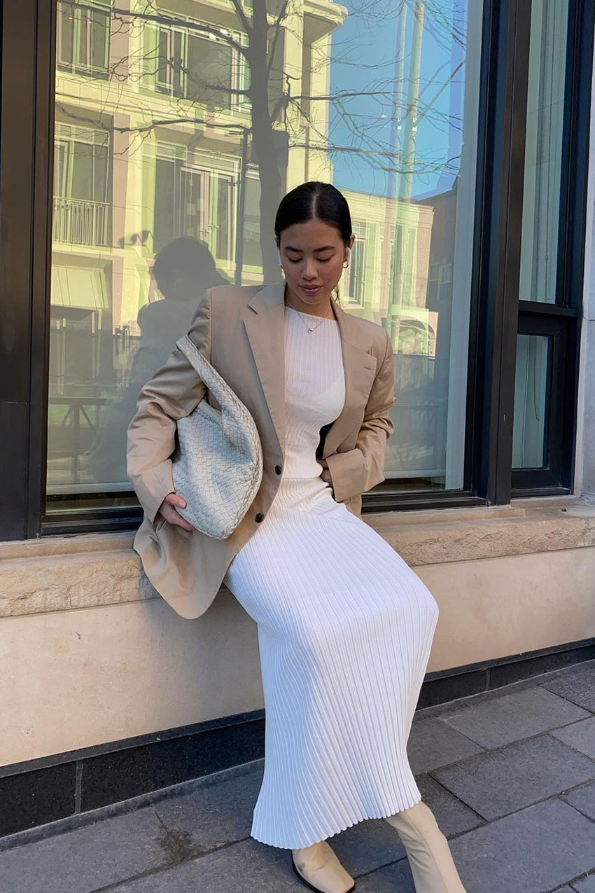 Oversized Beige Blazer with Knit Maxi Dress — Beige Spring Outfits 2027