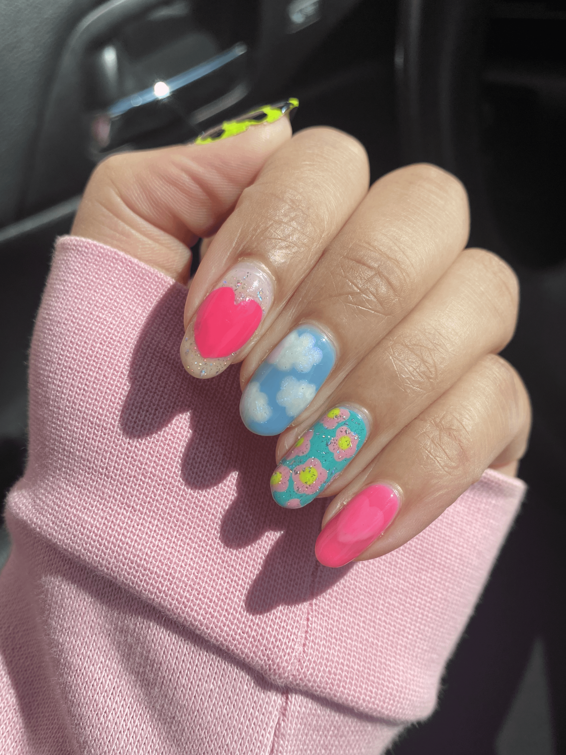 Mismatched Almonds: Hearts, Cow Print, Glitter Mismatched Almonds: Hearts, Cow Print, Glitter — Mismatched Heart Nails 2027