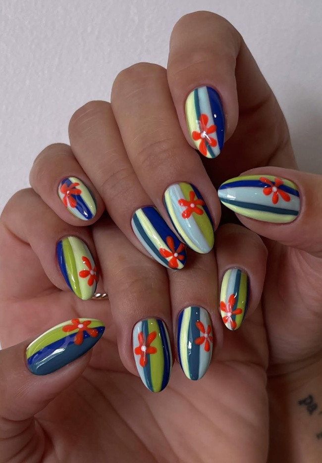 Vibrant Striped Floral Almonds Vibrant Striped Floral Almonds — Summer Nails 2027