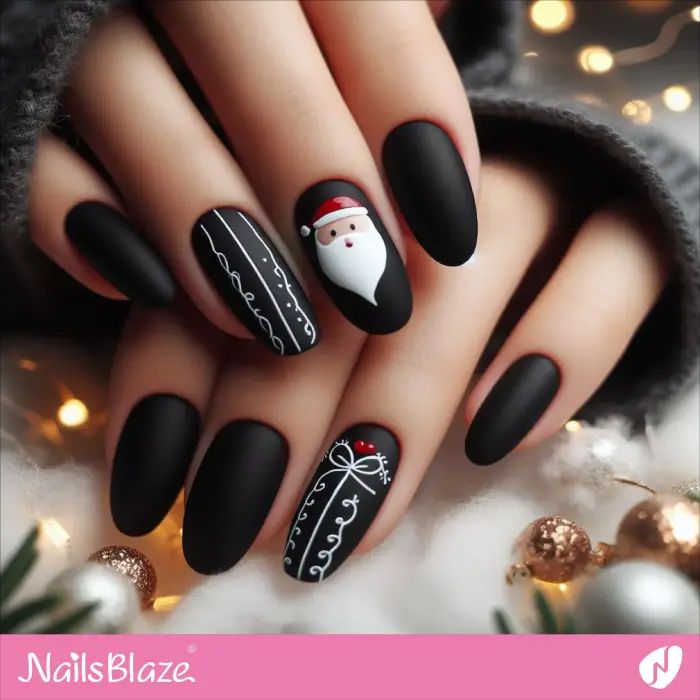 Matte Black Santa Claus Line Art Nails Matte Black Santa Claus Line Art Nails — Santa Nails 2026