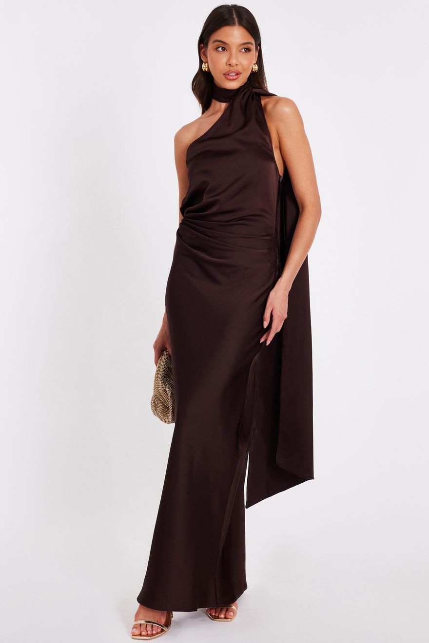 Sophisticated Dark Brown Satin One-Shoulder Dress Sophisticated Dark Brown Satin One-Shoulder Dress — Bridal Shower Dress 2027 for Guest