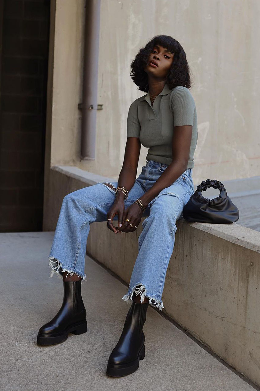 Olive Knit Polo and Ripped Wide-Leg Jeans with Chunky Chelsea Boots Olive Knit Polo and Ripped Wide-Leg Jeans with Chunky Chelsea Boots — Chelsea Boots Outfits 2027